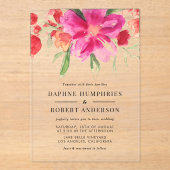 Waterverf Magenta Roze Bloemen Botanische bruiloft Acryl Uitnodigingen (Voorkant)