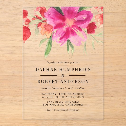 Waterverf Magenta Roze Bloemen Botanische bruiloft Acryl Uitnodigingen (Voorkant)