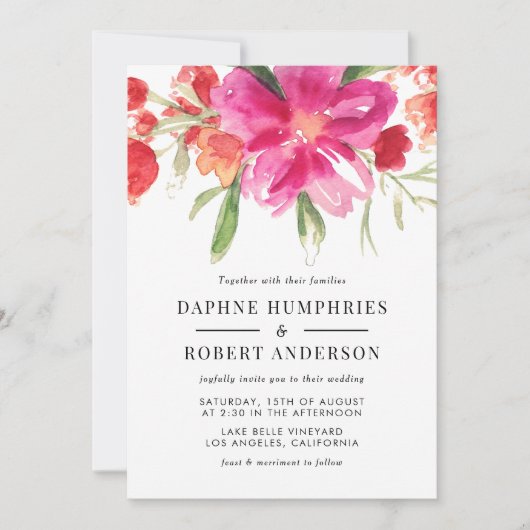 Waterverf Magenta Roze Bloemen Botanische bruiloft Kaart (Voorkant)