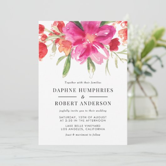 Waterverf Magenta Roze Bloemen Botanische bruiloft Kaart (Staand voorkant)