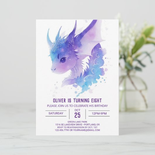 Waterverf Magic: Dragon Birthday Kaart (Staand voorkant)