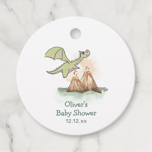 Waterverf Magic Dragon Mountain Boy Baby shower Bedankjes Labels (Voorkant)