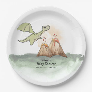 Waterverf Magic Dragon Mountain Boy Baby shower Papieren Bordje
