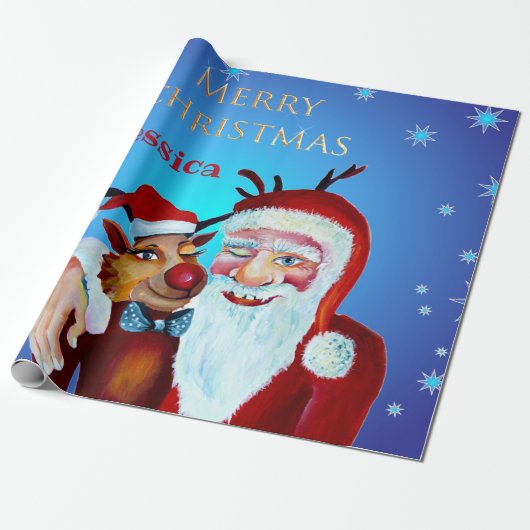 Waterverf Magical Santa Claus Smiling Rudolph Cadeaupapier (Uitgerold)