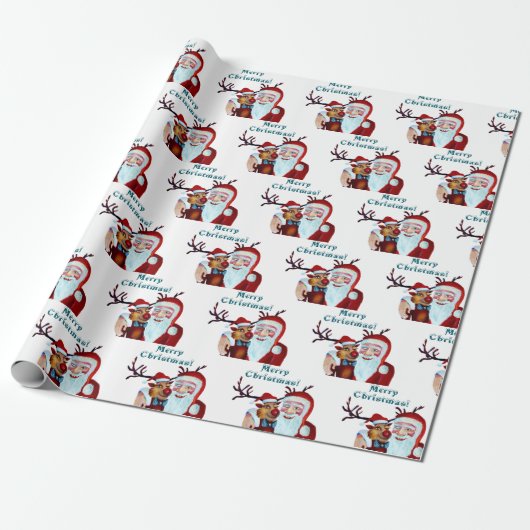 Waterverf Magical Santa Claus Smiling Rudolph Cadeaupapier (Uitgerold)
