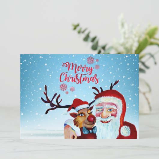 Waterverf Magical Santa Claus Smiling Rudolph Feestdagenkaart (Staand voorkant)