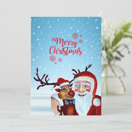 Waterverf Magical Santa Claus Smiling Rudolph Feestdagenkaart (Staand voorkant)