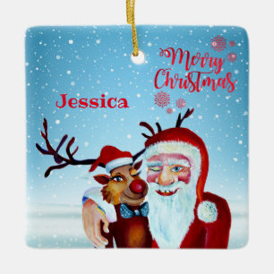 Waterverf Magical Santa Claus Smiling Rudolph Keramisch Ornament
