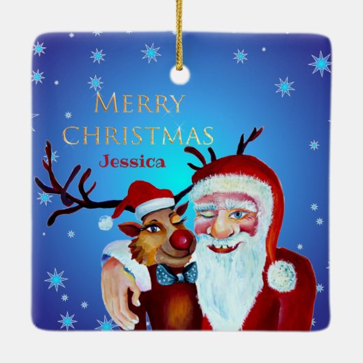 Waterverf Magical Santa Claus Smiling Rudolph Keramisch Ornament (Achterkant)