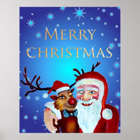 Waterverf Magical Santa Claus Smiling Rudolph Poster (Voorkant)