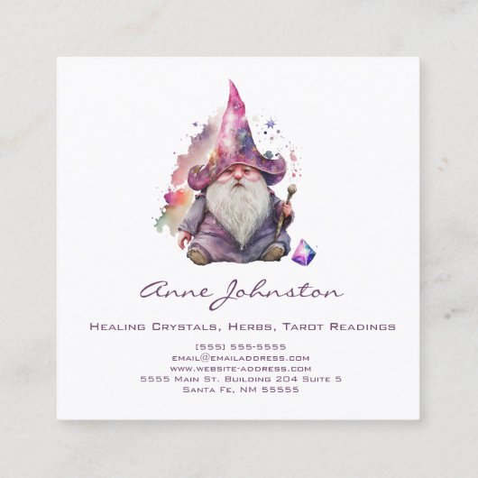 Waterverf Magick Gnome Wizard Paarse Vierkante Visitekaartje (Achterkant)