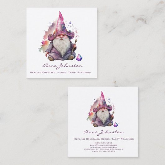 Waterverf Magick Gnome Wizard Paarse Vierkante Visitekaartje (Voorkant / Achterkant)