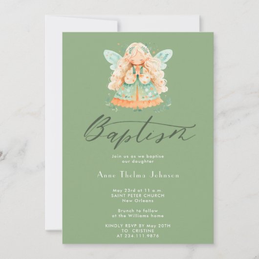 Waterverf magische fee meisje sage groen doopsel kaart (Voorkant)