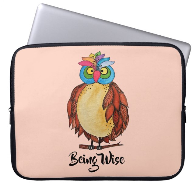 Waterverf Magische Owl met regenboogveren Laptop Sleeve (Voorkant)