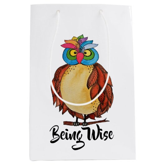 Waterverf Magische Owl met regenboogveren Medium Cadeauzakje (Voorkant)