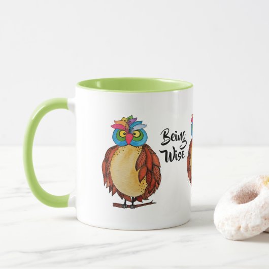 Waterverf Magische Owl met regenboogveren Mok (Met donut)