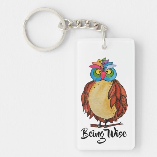 Waterverf Magische Owl met regenboogveren Sleutelhanger (Voorkant)