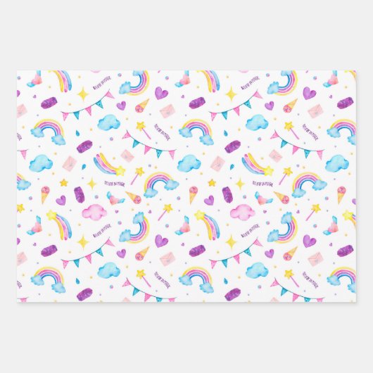 Waterverf Magische Regenboog Eenhoorn Naadloos Inpakpapier Vel (Voorkant 3)