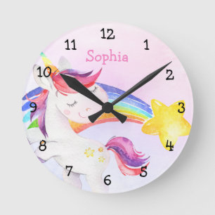 Waterverf Magische Unicorn Rainbow Girl Nursery Ronde Klok