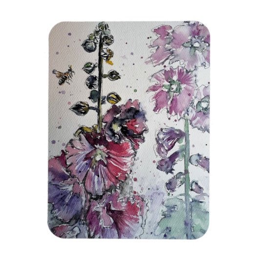 Waterverf Magnet Pink Hollyhock Floral Flowers Magneet (Verticaal)