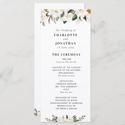 Waterverf Magnolia Bloemen Trouwprogramma Programmakaart (Voorkant / Achterkant)