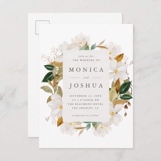 Waterverf Magnolia Blooms & Greenery Wedding Uitnodiging Briefkaart (Voorkant / Achterkant)