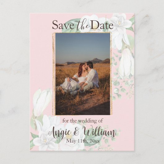 Waterverf Magnolia Blush Bewaar de datum Foto Briefkaart (Voorkant)