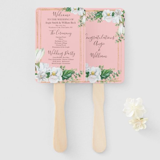 Waterverf Magnolia Blush huwelijksprogramma Handwaaier (Voorkant en achterkant)