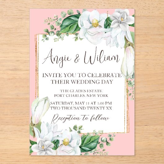 Waterverf Magnolia Blush Wedding Acryl Uitnodigingen (Voorkant)