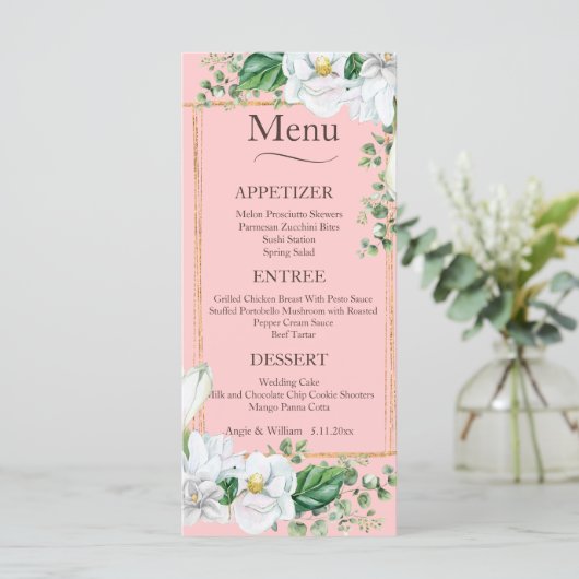 Waterverf Magnolia Blush Wedding Menu (Staand voorkant)