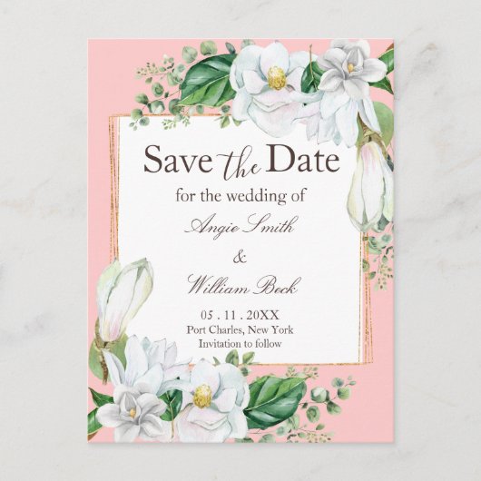 Waterverf Magnolia Blush Wedding Save the Date Briefkaart (Voorkant)