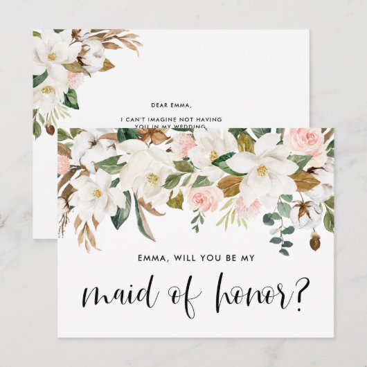 Waterverf Magnolia Cotton Garland Maid of Honor Briefkaart (Voorkant / Achterkant)