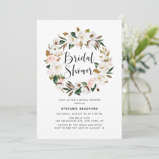 Waterverf Magnolia Cotton Wreat Vrijgezellenfeest Kaart (Staand voorkant)