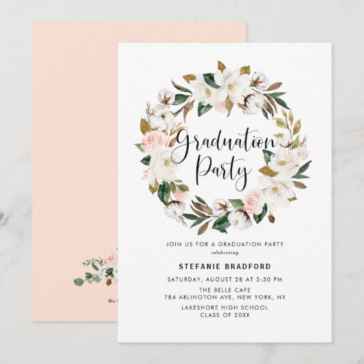 Waterverf Magnolia Cotton Wreath Graduation Party Kaart (Voorkant / Achterkant)