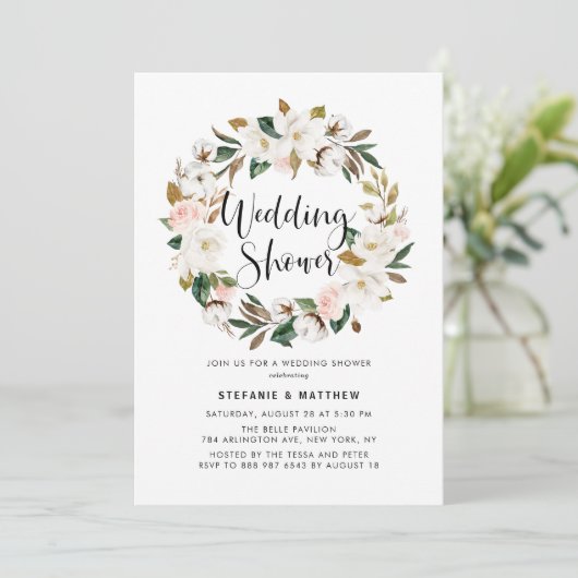 Waterverf Magnolia Cotton Wreath Weddenschap Showe Kaart (Staand voorkant)