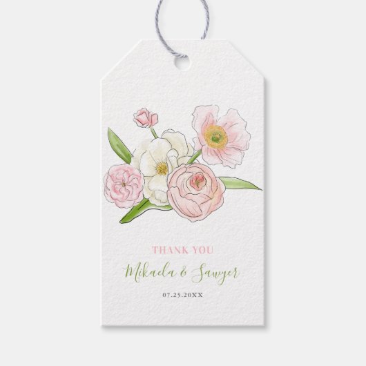 Waterverf Magnolia en Peonies Wedding Dank u Cadeaulabel (Voorkant)