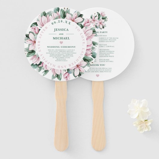 Waterverf Magnolia Eucalyptus Bouquet Wedding Handwaaier (Voorkant en achterkant)