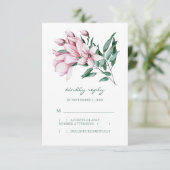 Waterverf Magnolia Eucalyptus Elegant Wedding RSVP Kaartje (Staand voorkant)