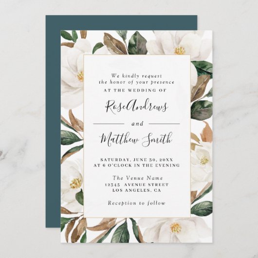 Waterverf magnolia floral bruiloft uitnodiging (Voorkant / Achterkant)