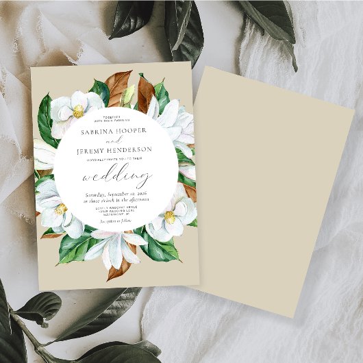 Waterverf Magnolia Floral Circle Beige Wedding Kaart