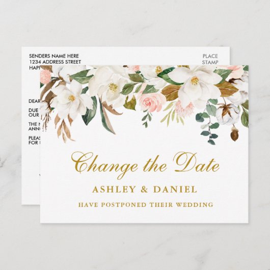 Waterverf Magnolia Floral verander de datum goud Briefkaart (Voorkant / Achterkant)