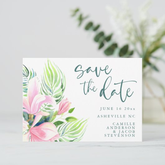 Waterverf Magnolia Flower in Pink Summer Save The Date (Staand voorkant)