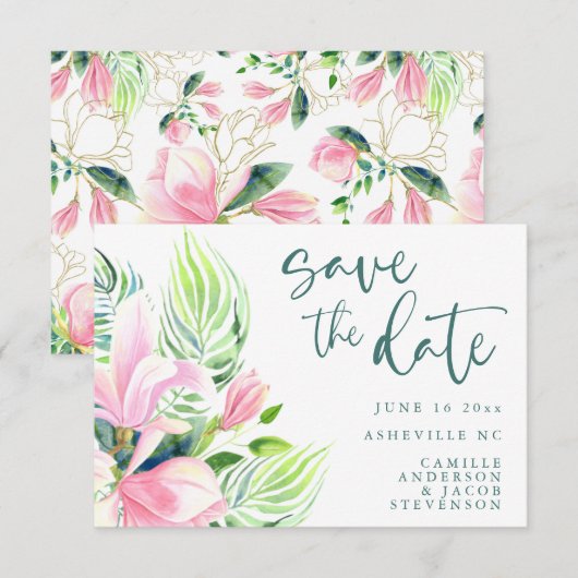 Waterverf Magnolia Flower in Pink Summer Save The Date (Voorkant / Achterkant)