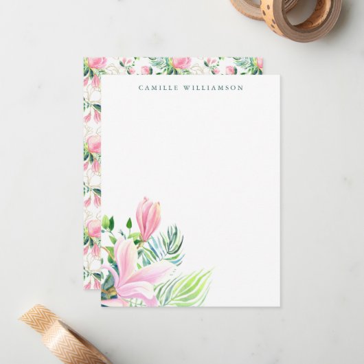 Waterverf Magnolia Flower in roze Personalized Notitiekaartje (Voorkant / Achterkant in situ)