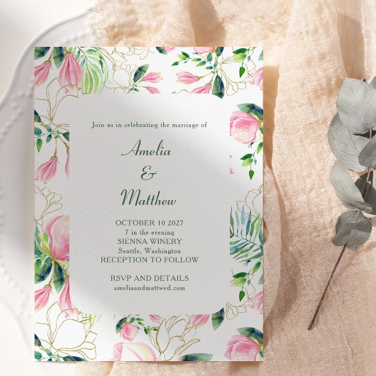 Waterverf Magnolia Flower Pink Gold Wedding Kaart