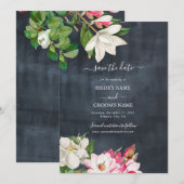 Waterverf Magnolia Flowers Weddenschap Black White Save The Date (Voorkant / Achterkant)