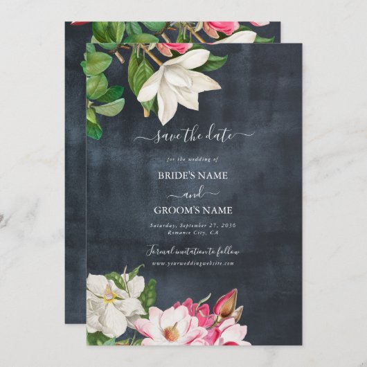 Waterverf Magnolia Flowers Weddenschap Black White Save The Date (Voorkant / Achterkant)