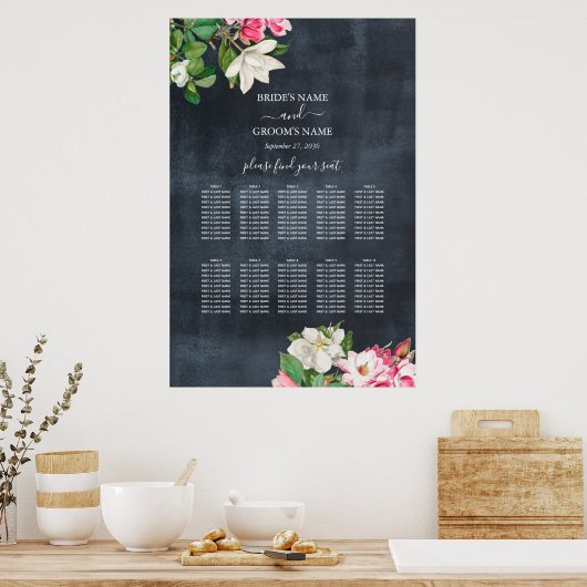 Waterverf Magnolia Flowers Wedding Seating Chart Poster (Keuken)