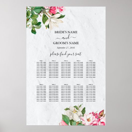 Waterverf Magnolia Flowers Wedding Seating Chart Poster (Voorkant)