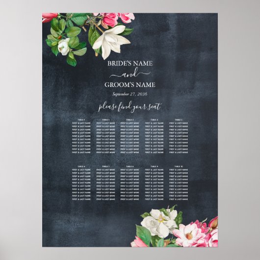 Waterverf Magnolia Flowers Wedding Seating Chart Poster (Voorkant)